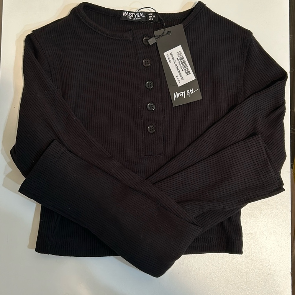 Nasty Gal button down crop top long sleeve ribbed knit shirt